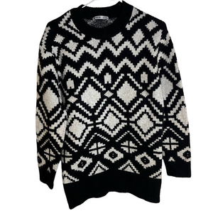 Womens Crewneck Sweater XS Geometric Diamond Black White Knit Oversized Retro 70